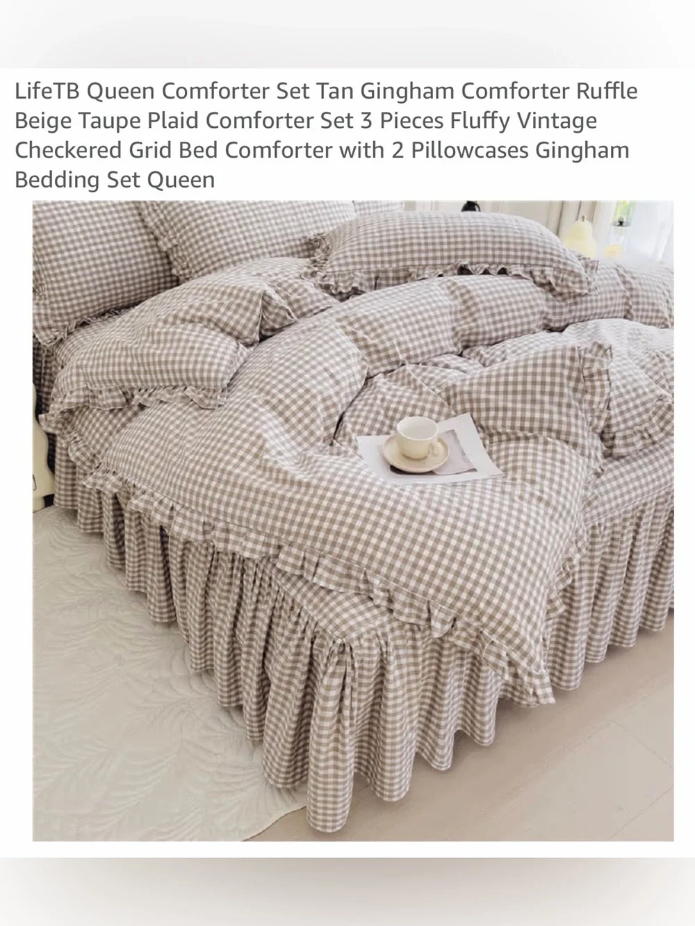 NWT 🤎 Tan Gingham Comforter Set with Ruffled Detail - 3 Piece